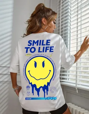 Smile to Life Oversized Royal Blue Printed T-Shirt