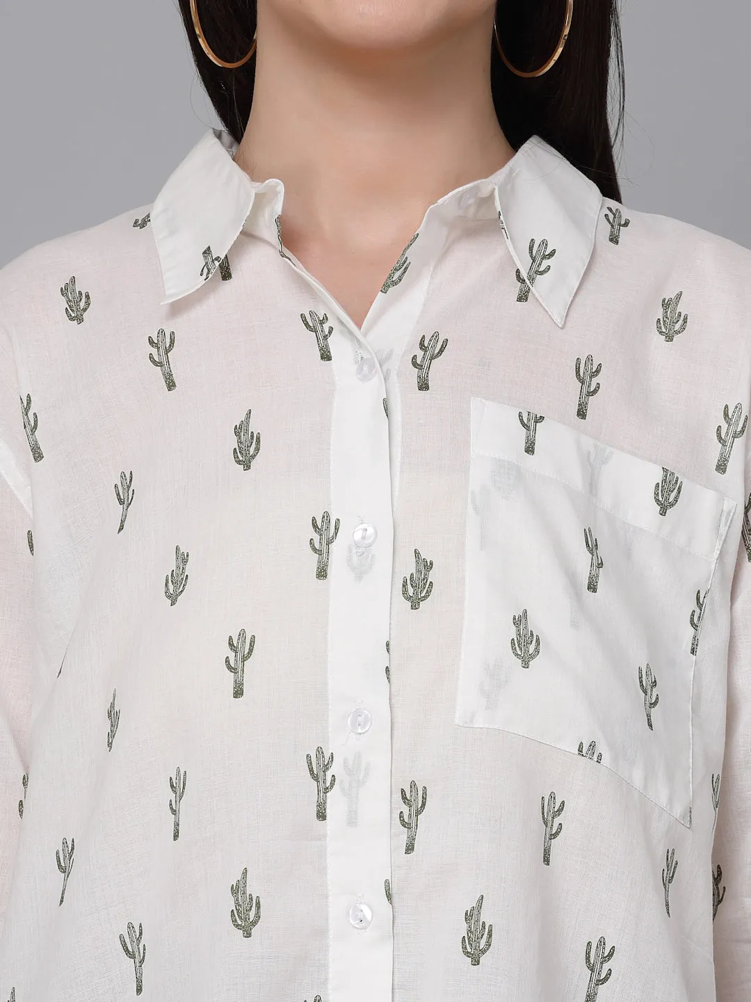 Style Quotient White and Green Cactus Printed Cotton Boxy Fit Smart Casual Shirt