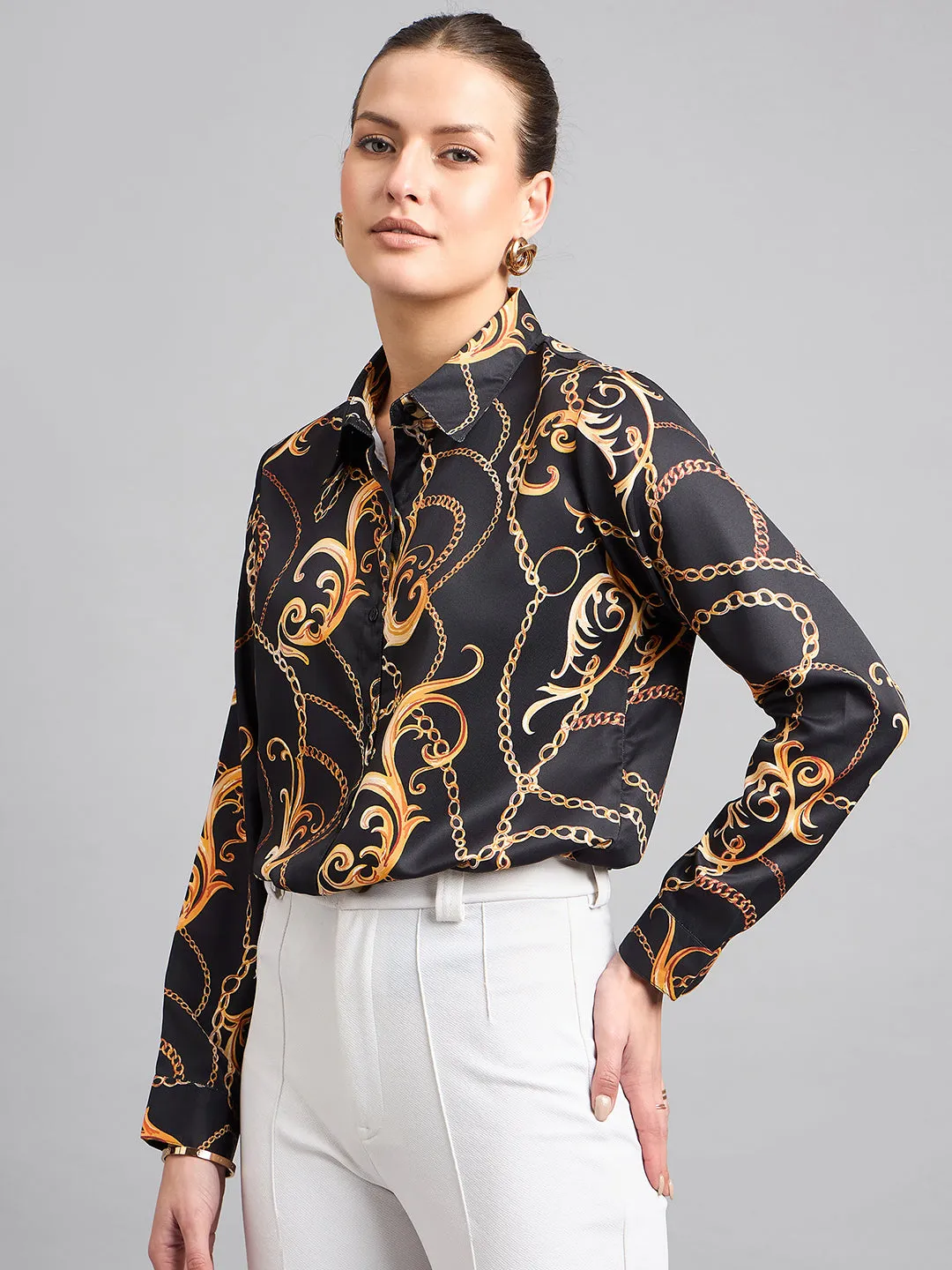 Style Quotient Women Black and Gold Chain Printed Polycrepe Regular Shirt