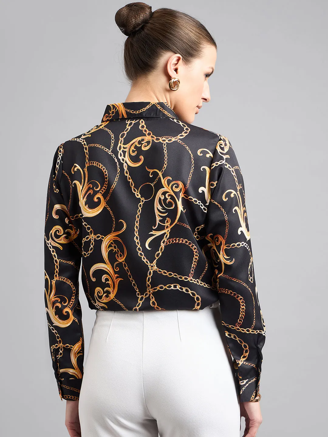 Style Quotient Women Black and Gold Chain Printed Polycrepe Regular Shirt