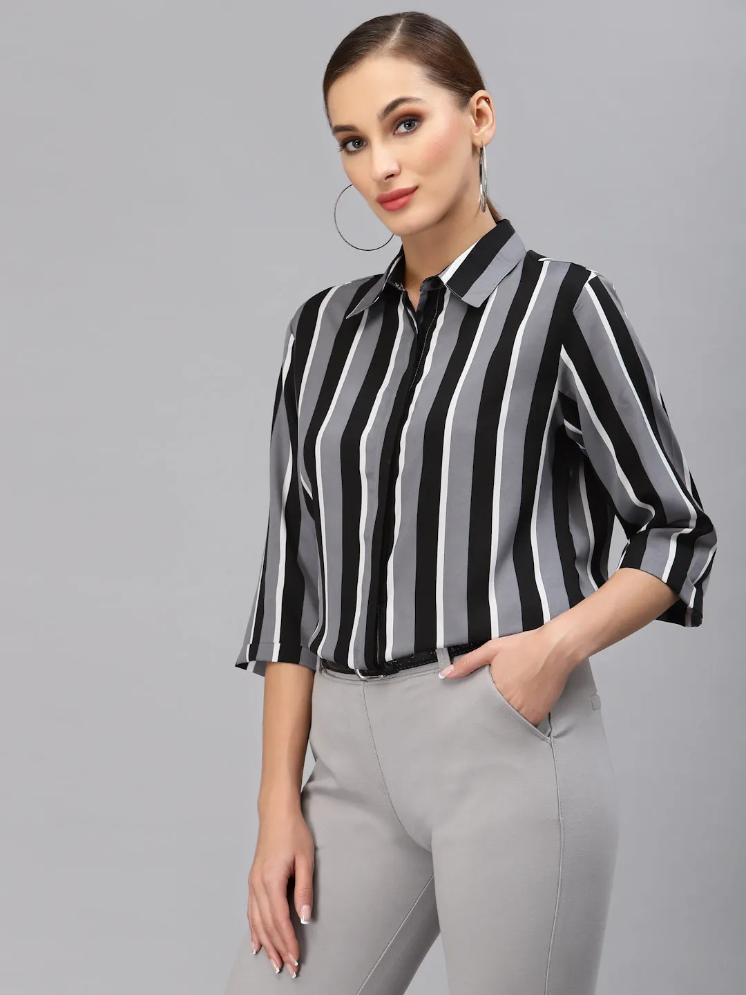 Style Quotient Women Grey and Multi Stripe Polymoss Regular Formal Shirt