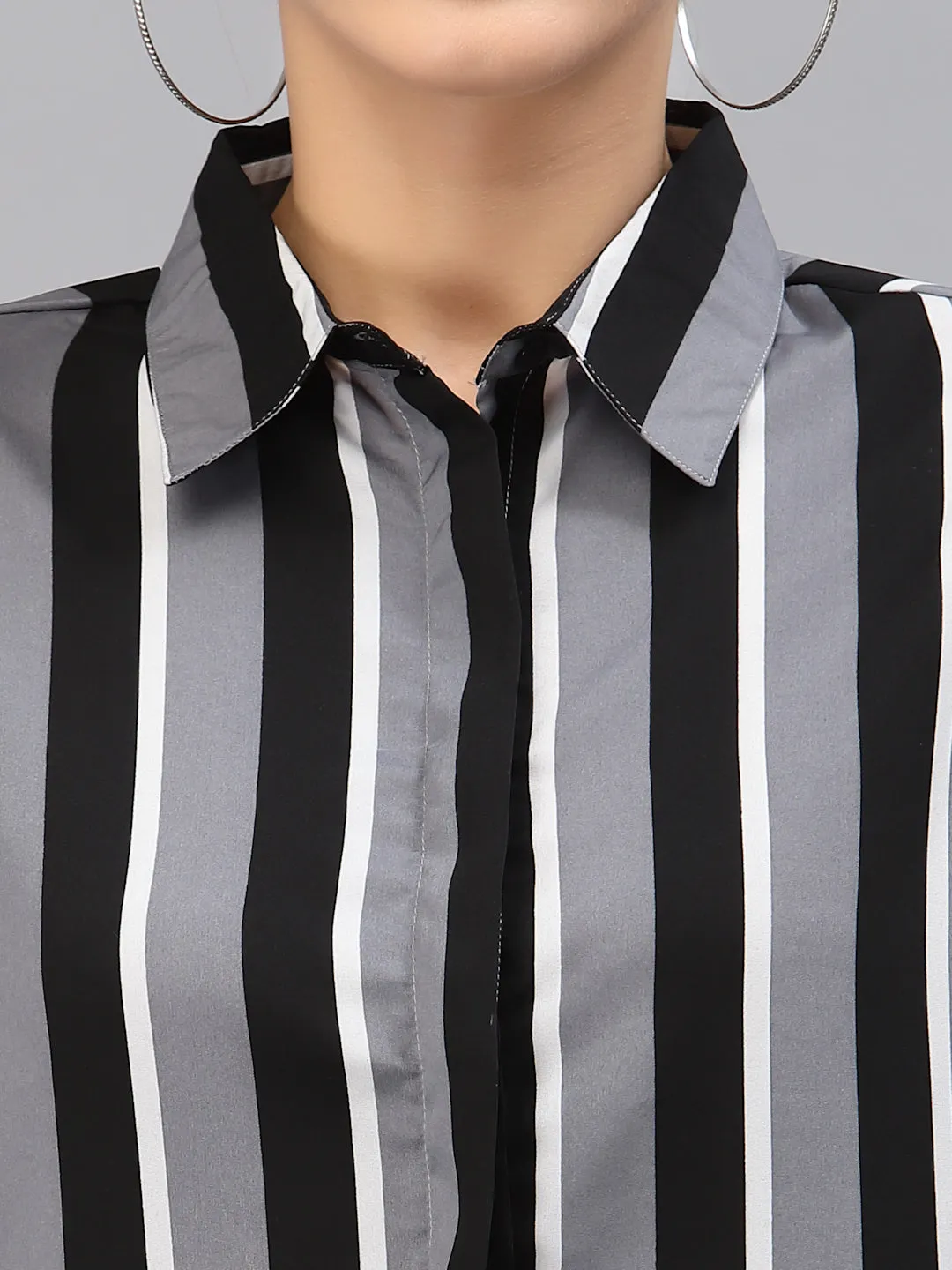 Style Quotient Women Grey and Multi Stripe Polymoss Regular Formal Shirt