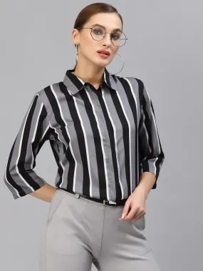 Style Quotient Women Grey and Multi Stripe Polymoss Regular Formal Shirt