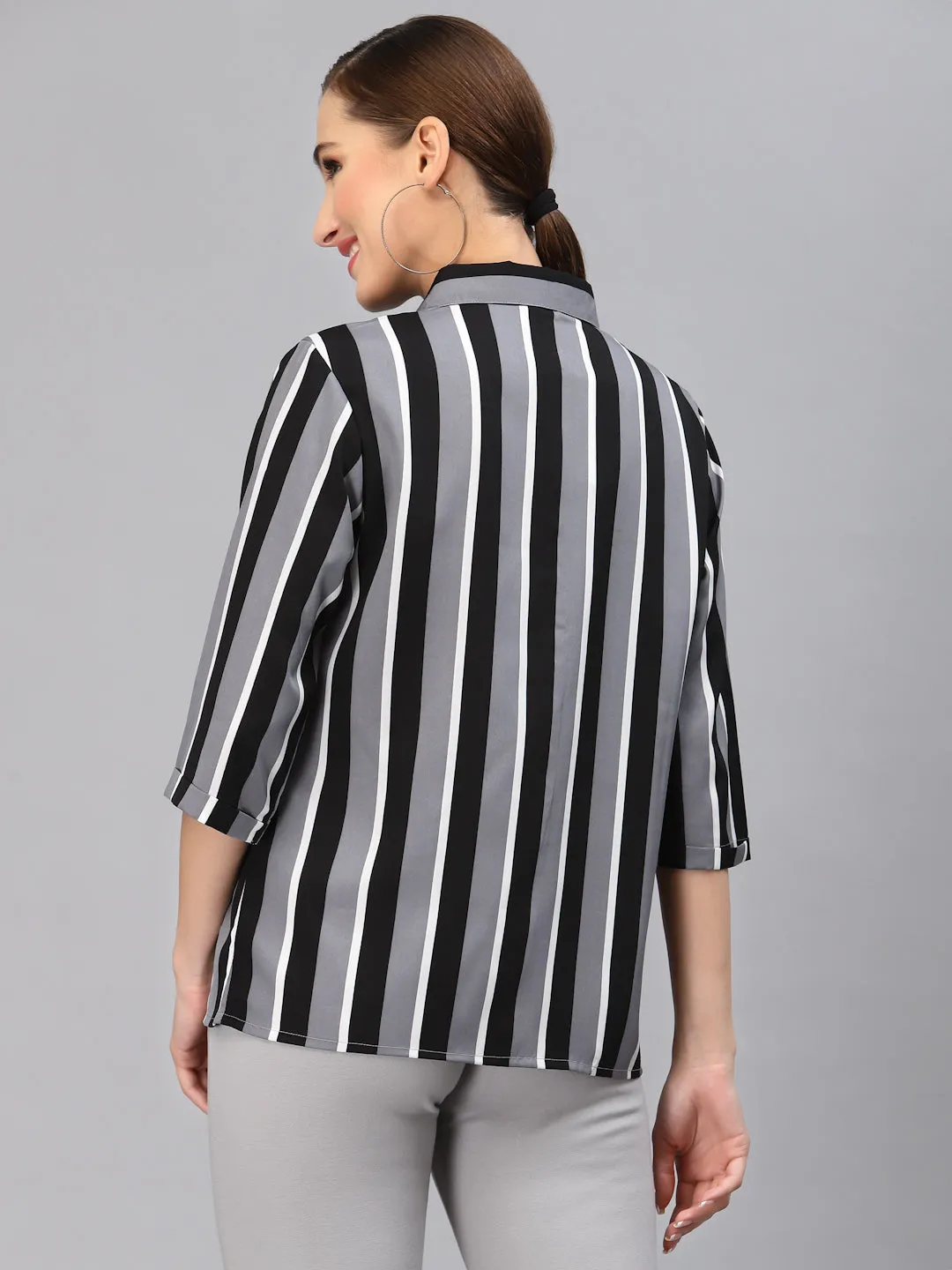 Style Quotient Women Grey and Multi Stripe Polymoss Regular Formal Shirt