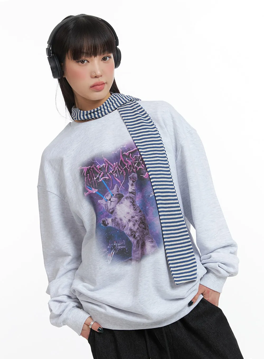 Terry Round Neckline Universal Cat Oversized Sweatshirt IJ411