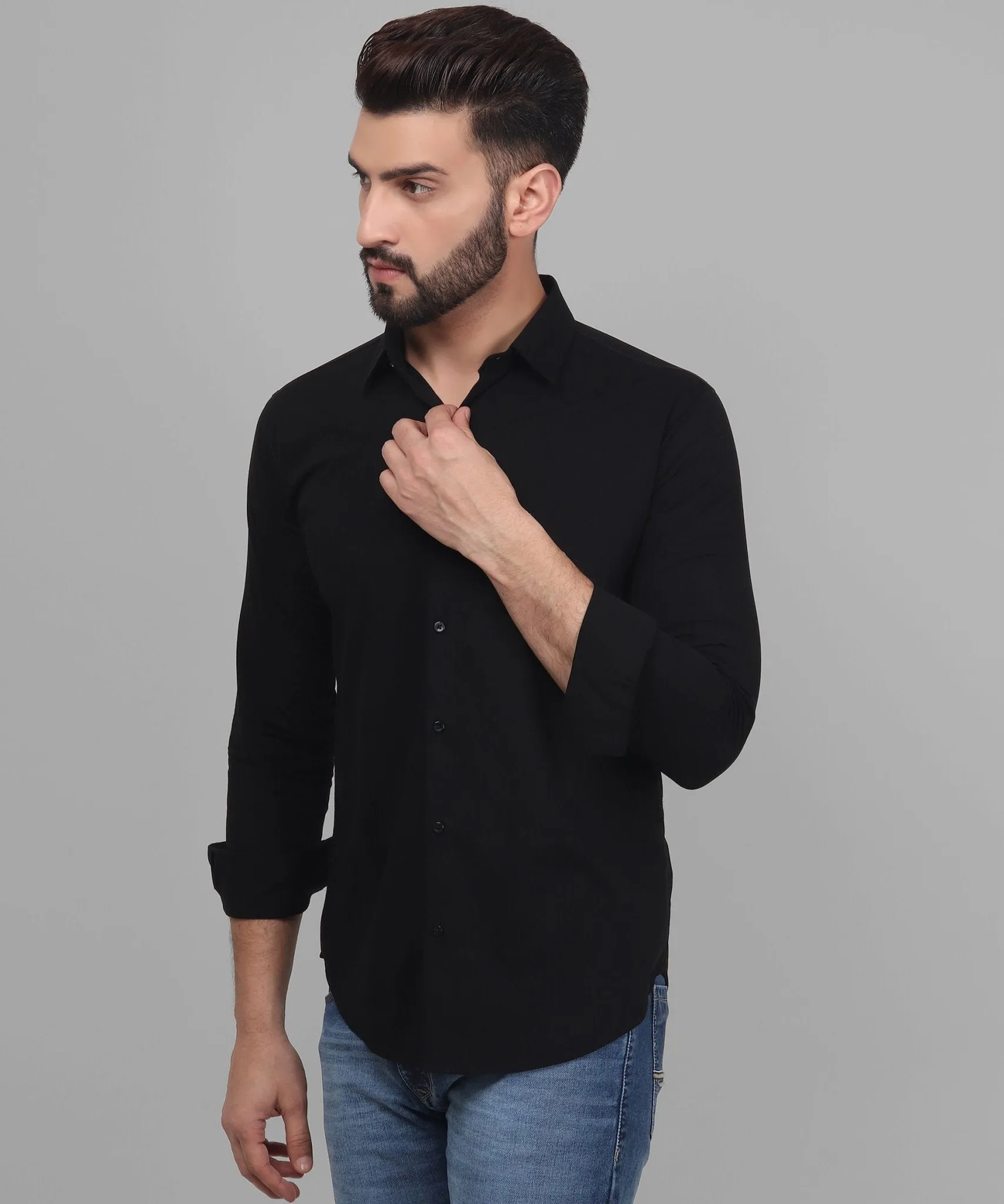 TryBuy Exclusive Black Solid Button Down Cotton Button-Up Shirt For Men