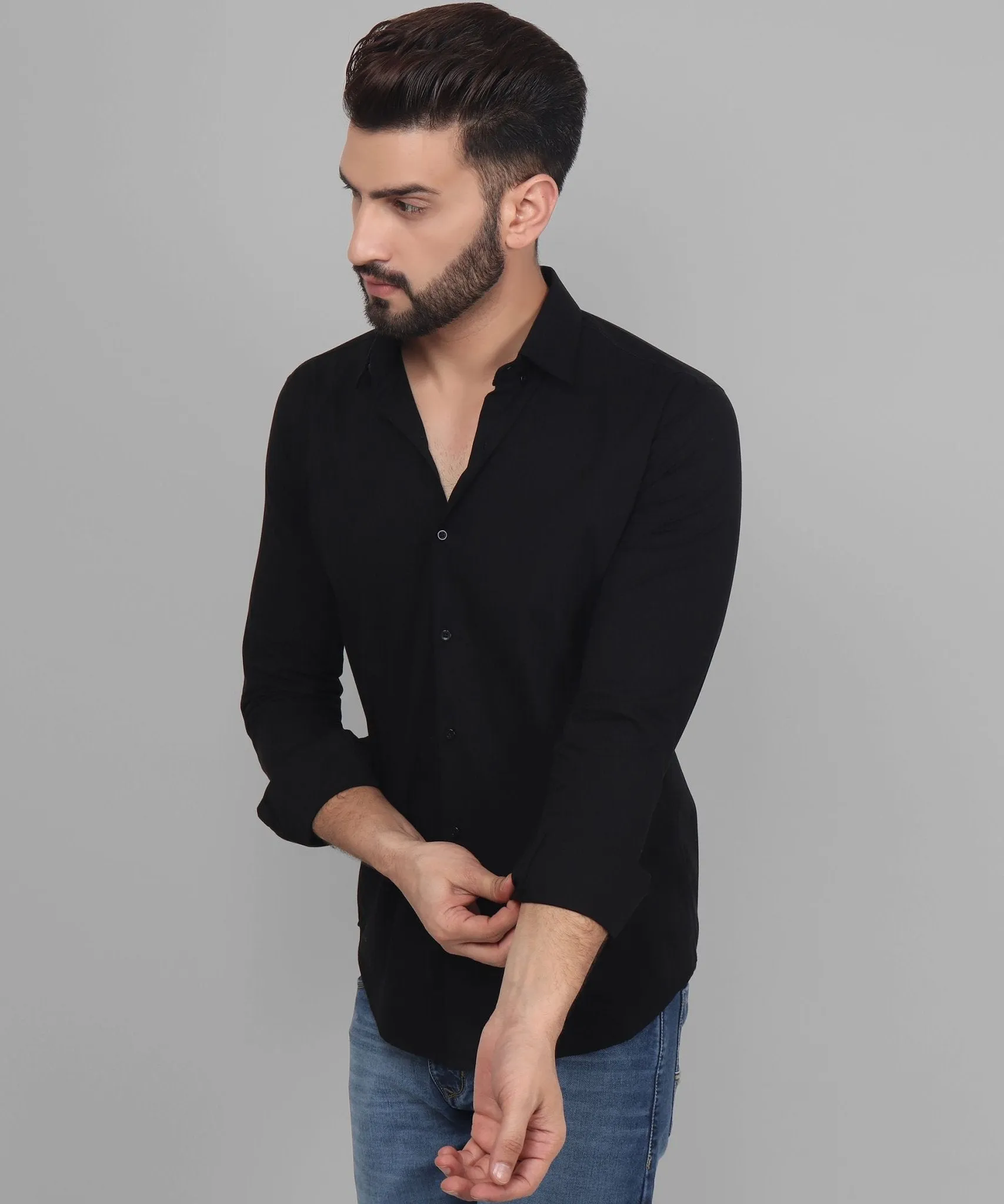 TryBuy Exclusive Black Solid Button Down Cotton Button-Up Shirt For Men