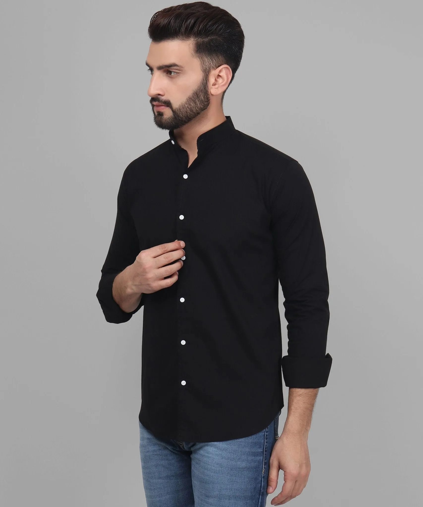 TryBuy Exclusive Men's Black Solid Band Button-Up Shirt For Men