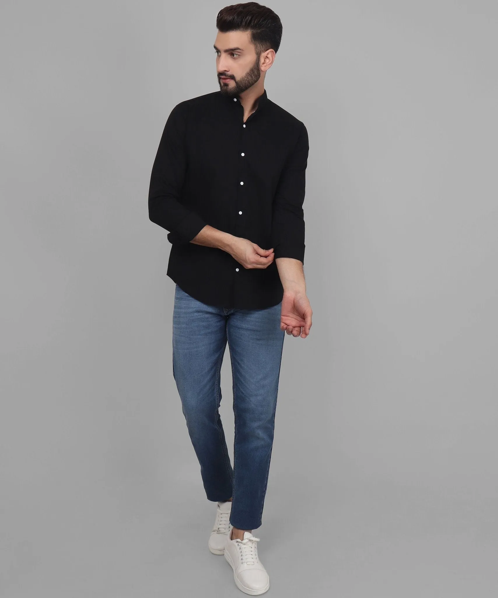 TryBuy Exclusive Men's Black Solid Band Button-Up Shirt For Men