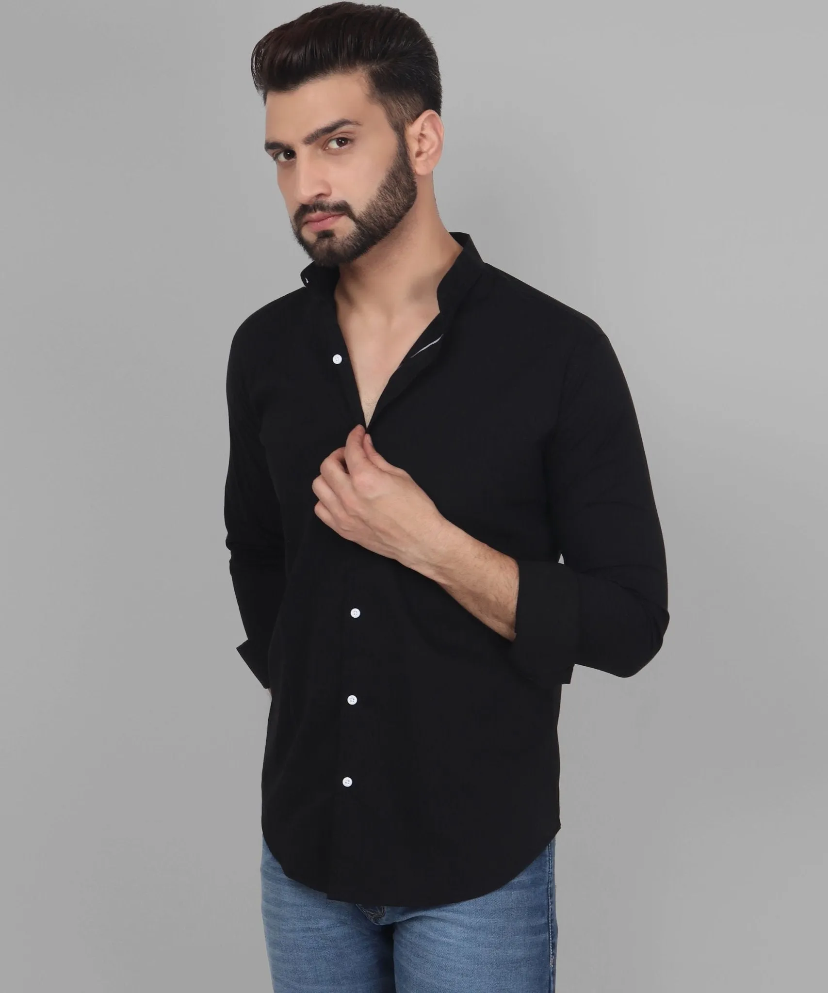 TryBuy Exclusive Men's Black Solid Band Button-Up Shirt For Men