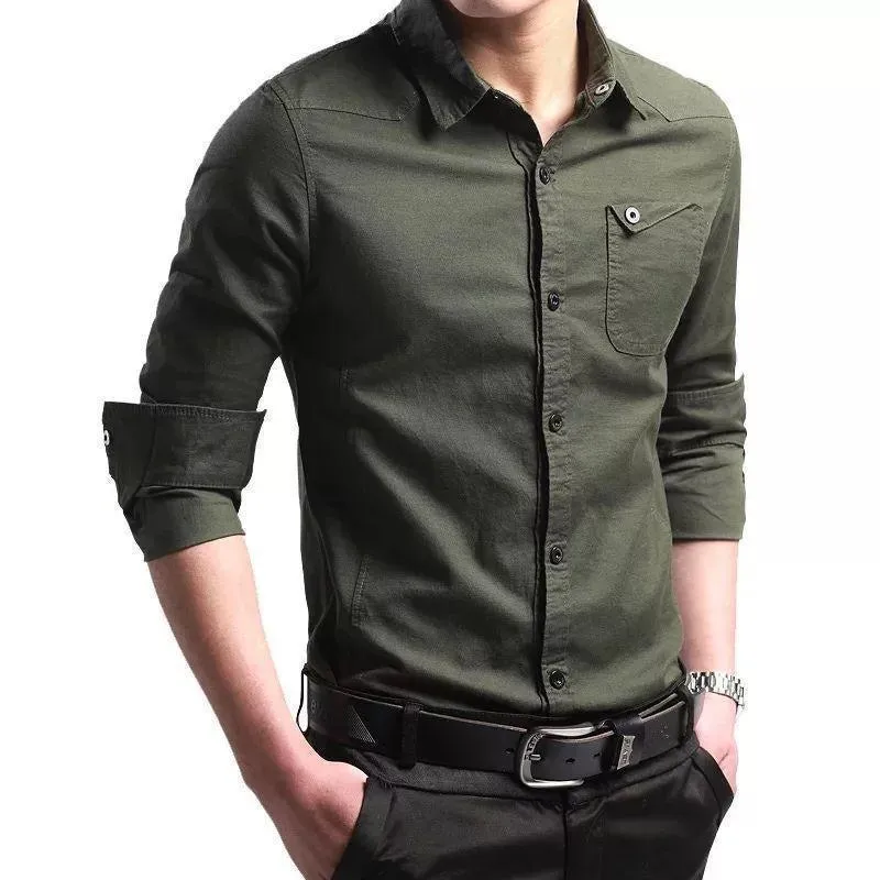 Trybuy Fashionable Army Green Cotton Button-Up Shirt For Men