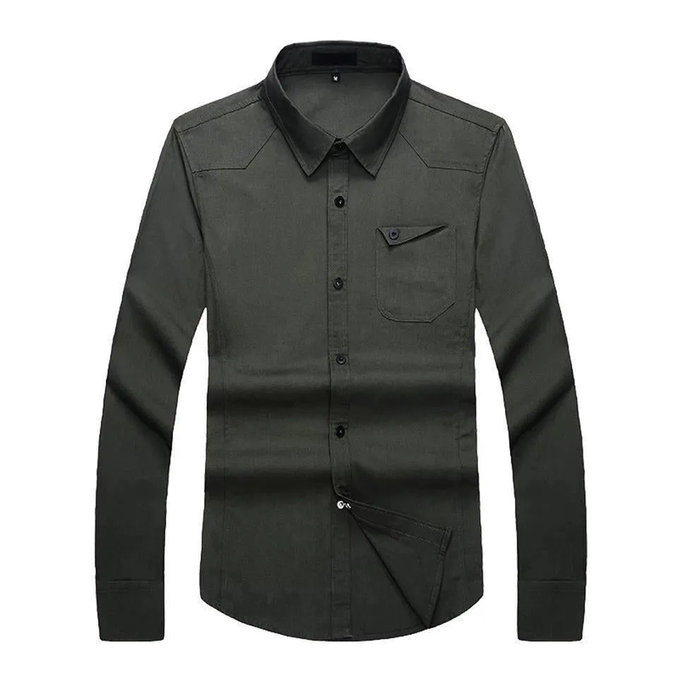 Trybuy Fashionable Army Green Cotton Button-Up Shirt For Men