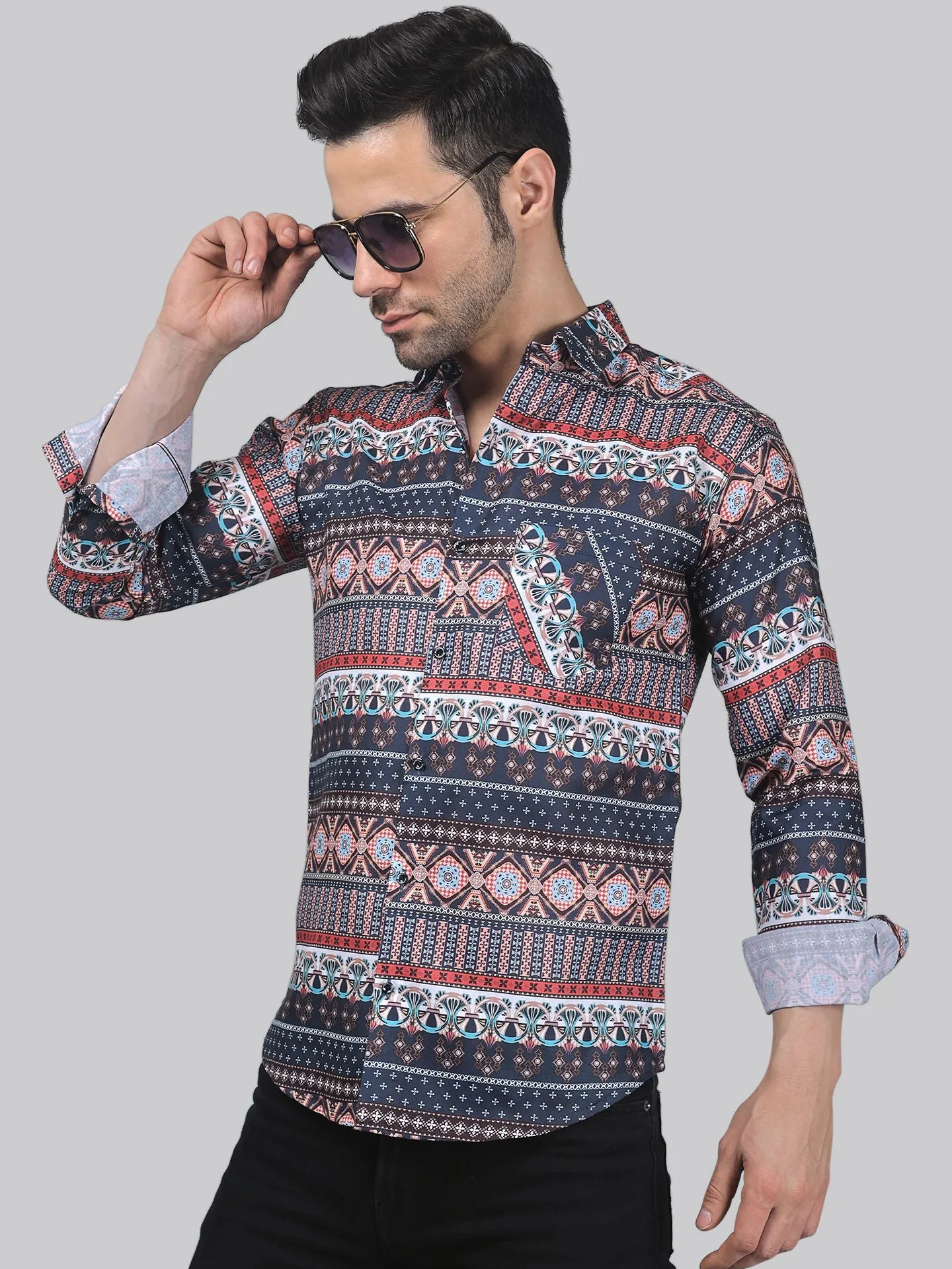 TryBuy Men's  Trendy Party-wear Cotton Printed Full Sleeves Button-Up Shirt For Men