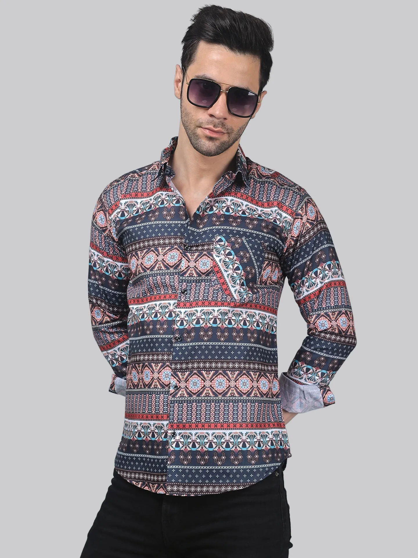 TryBuy Men's  Trendy Party-wear Cotton Printed Full Sleeves Button-Up Shirt For Men