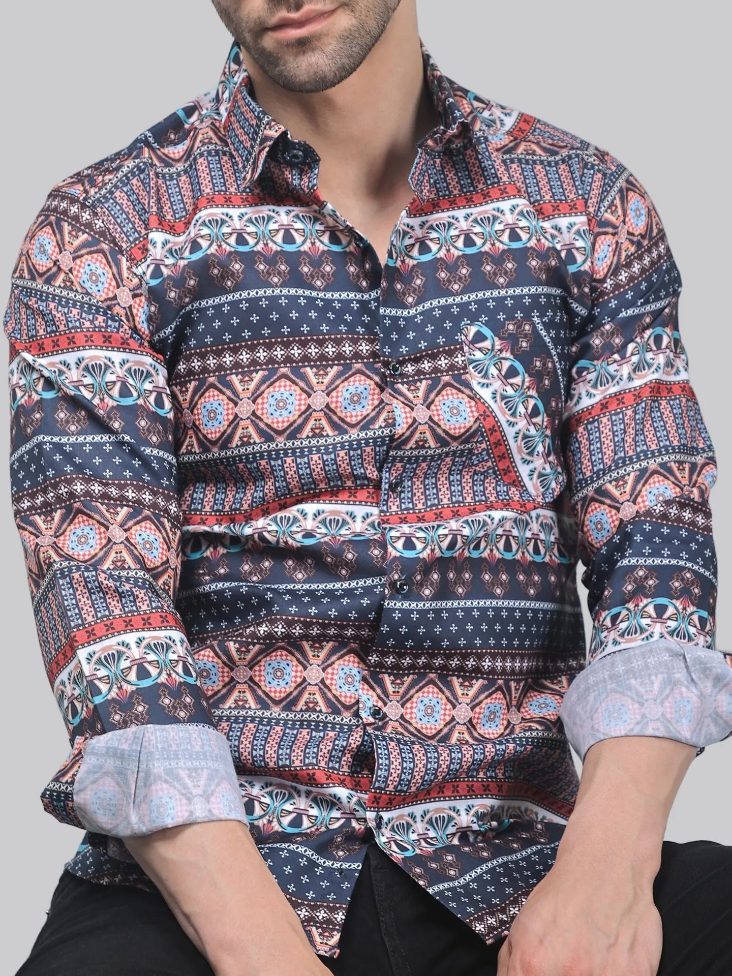 TryBuy Men's  Trendy Party-wear Cotton Printed Full Sleeves Button-Up Shirt For Men