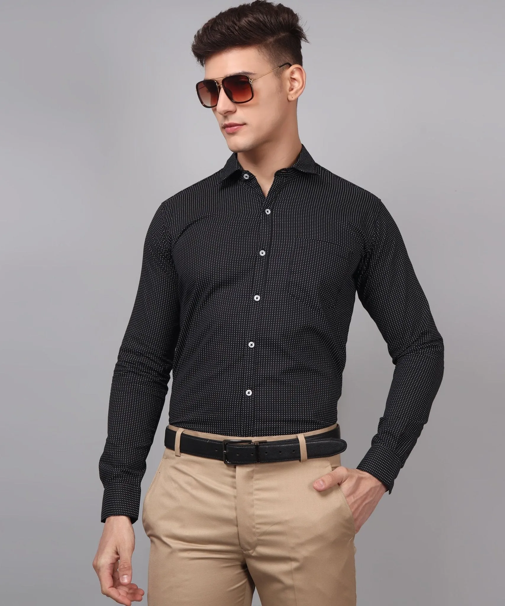 TryBuy Premium Pure Cotton Dot Printed Black Button-Up Shirt For Men