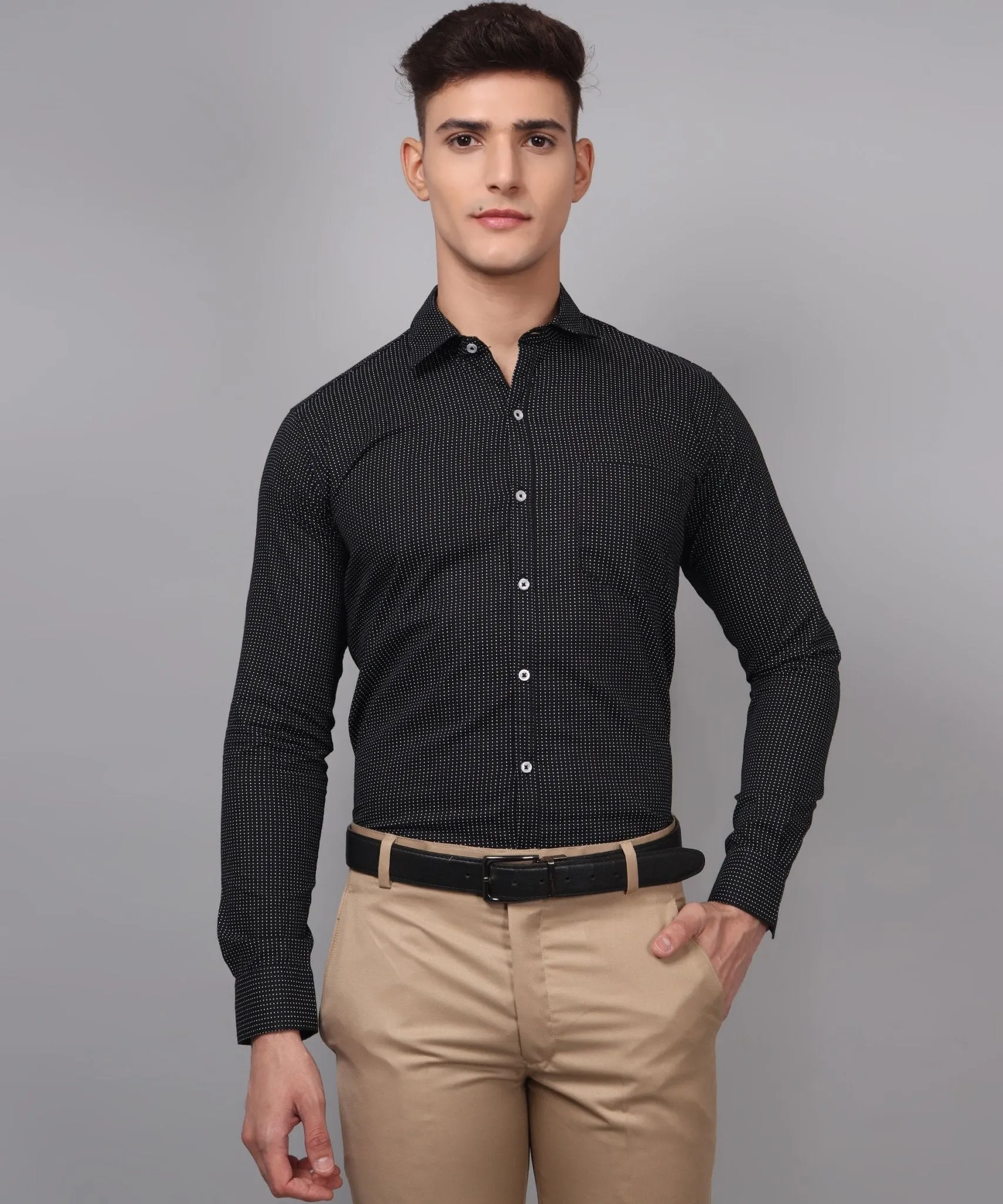 TryBuy Premium Pure Cotton Dot Printed Black Button-Up Shirt For Men