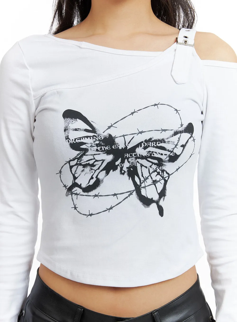 Unbalanced Buckle Graphic Crop Top CF427