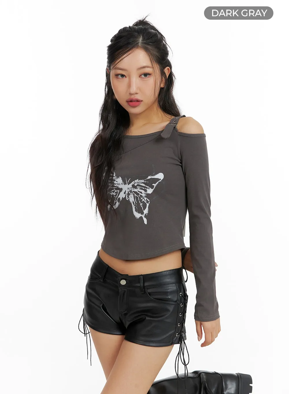 Unbalanced Buckle Graphic Crop Top CF427