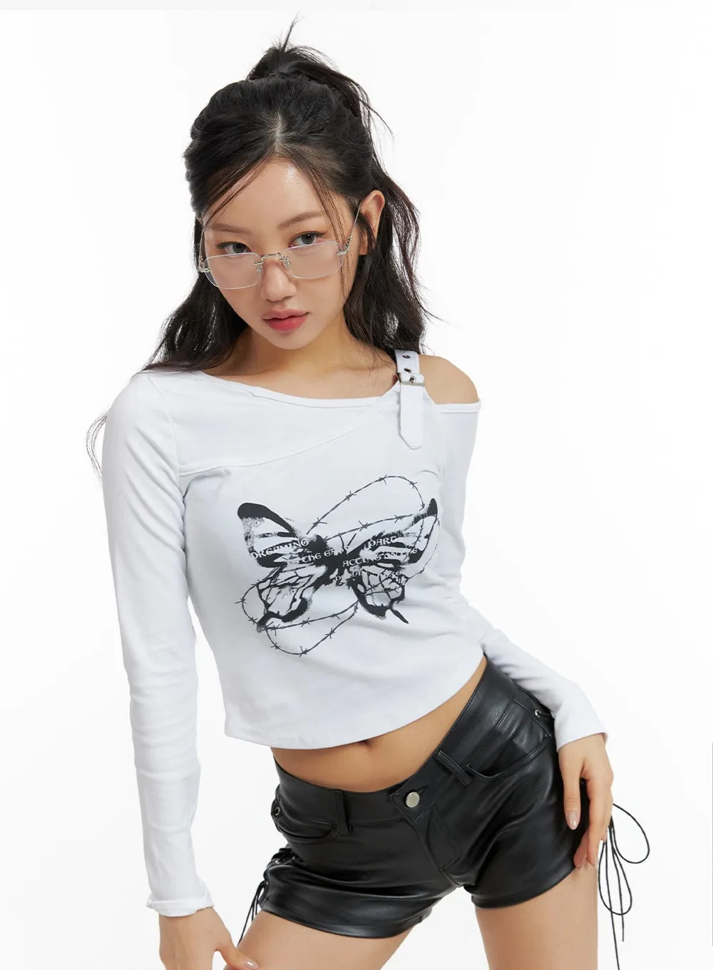 Unbalanced Buckle Graphic Crop Top CF427