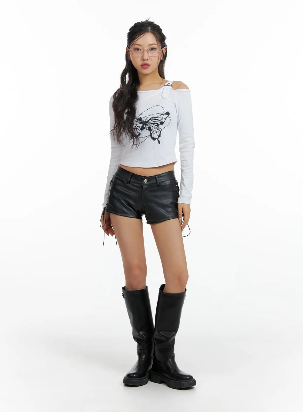 Unbalanced Buckle Graphic Crop Top CF427