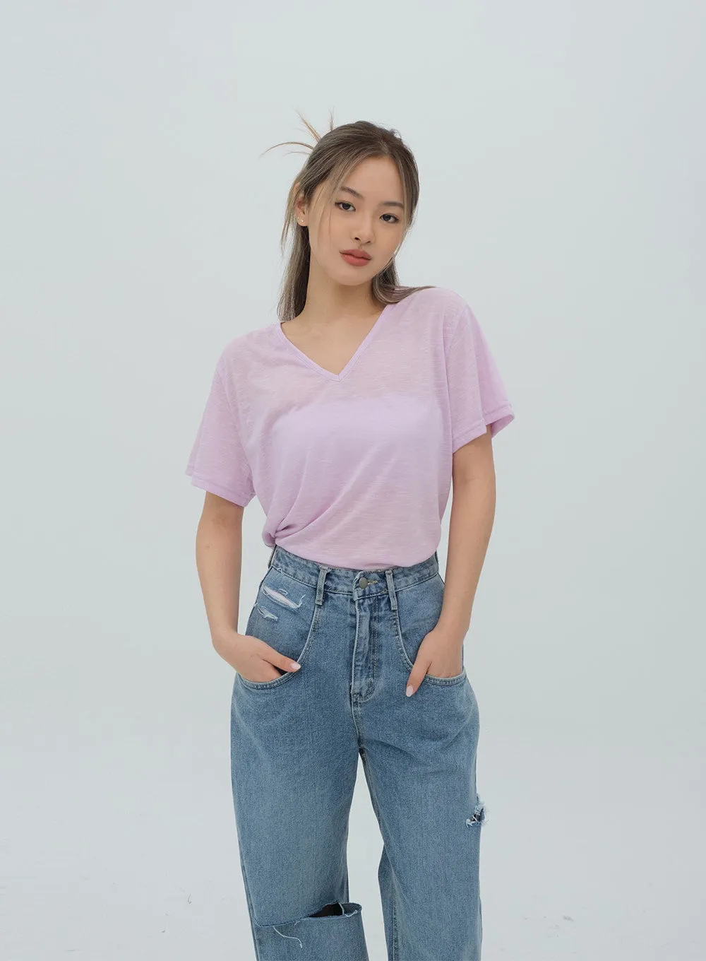 Violet Short Sleeve V Neck T Shirt BF25