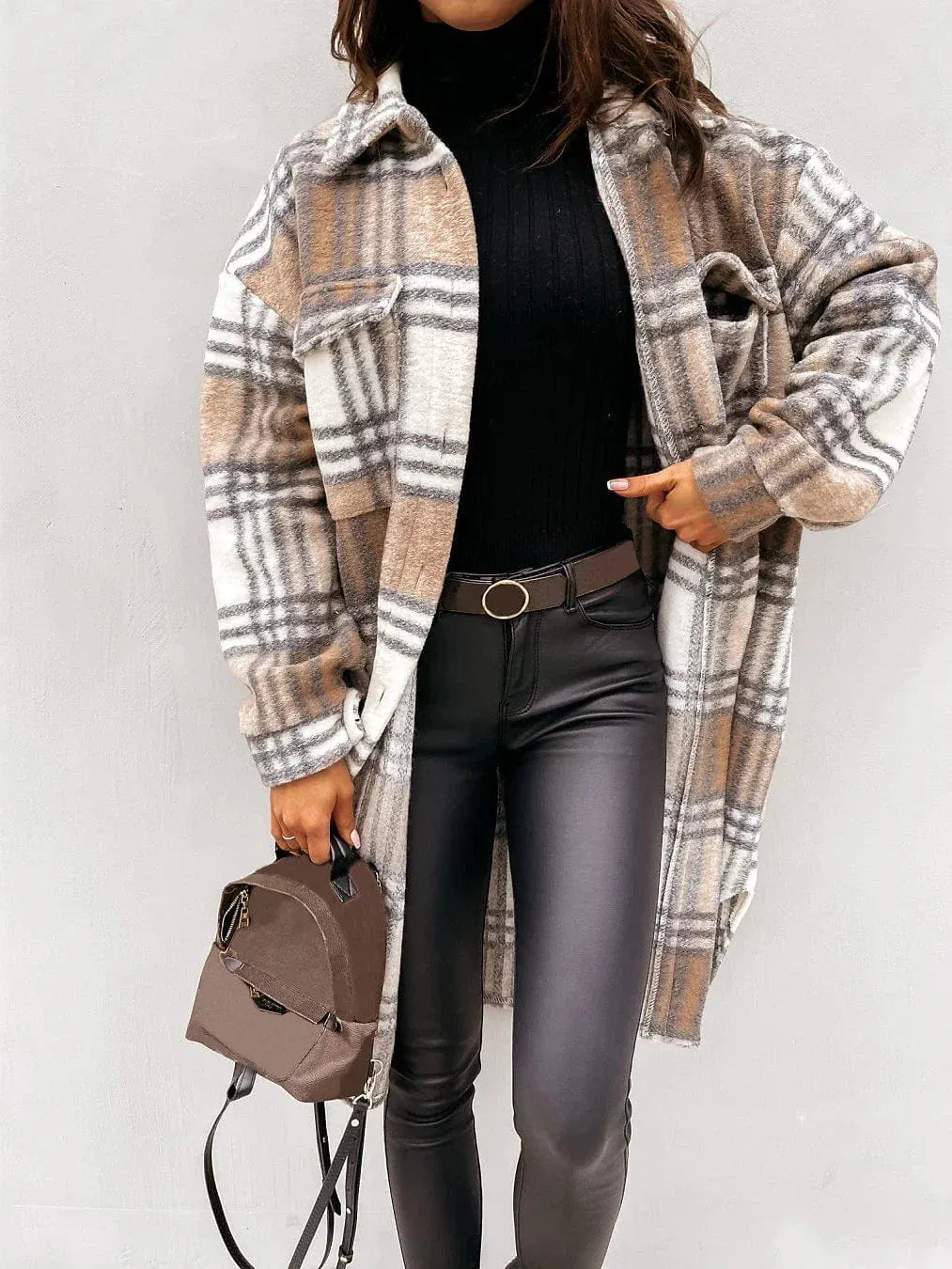 Winter Plaid Wool Blend Shacket Jacket for Women