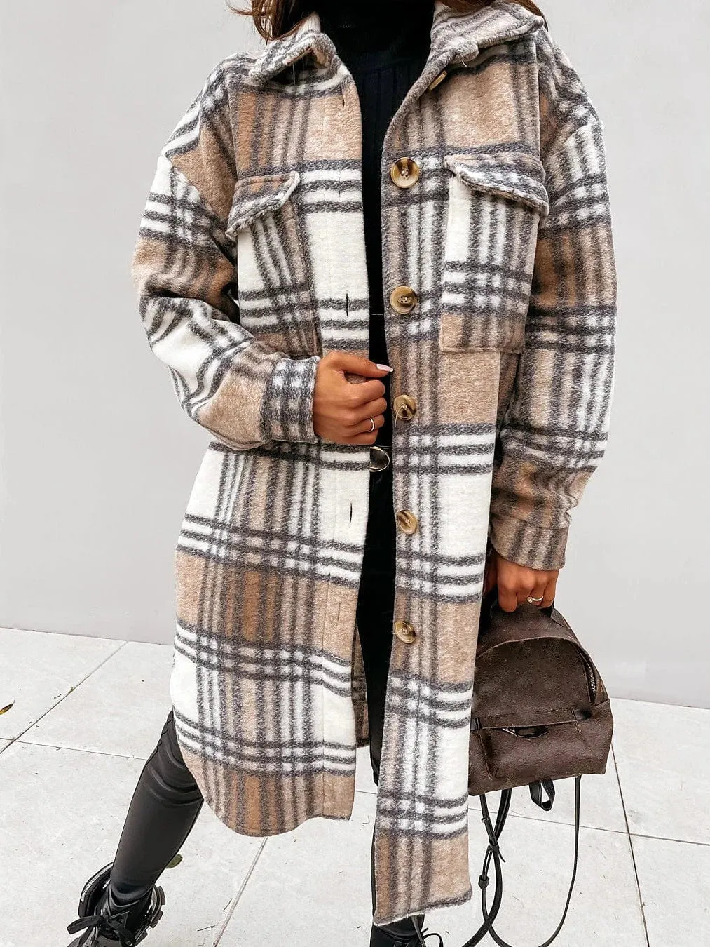 Winter Plaid Wool Blend Shacket Jacket for Women