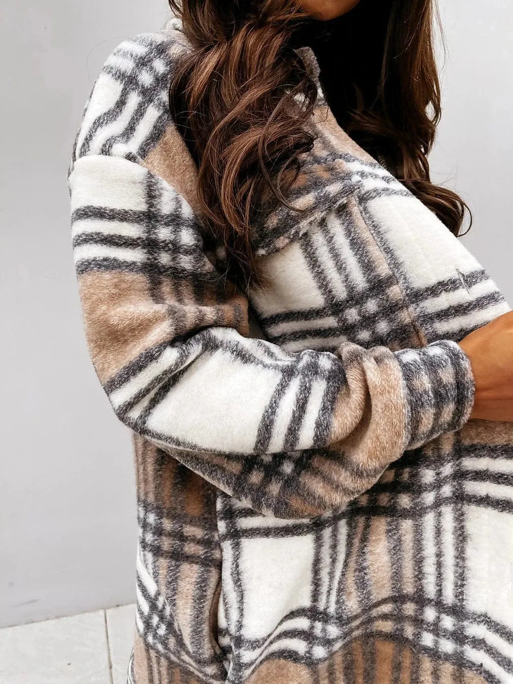 Winter Plaid Wool Blend Shacket Jacket for Women