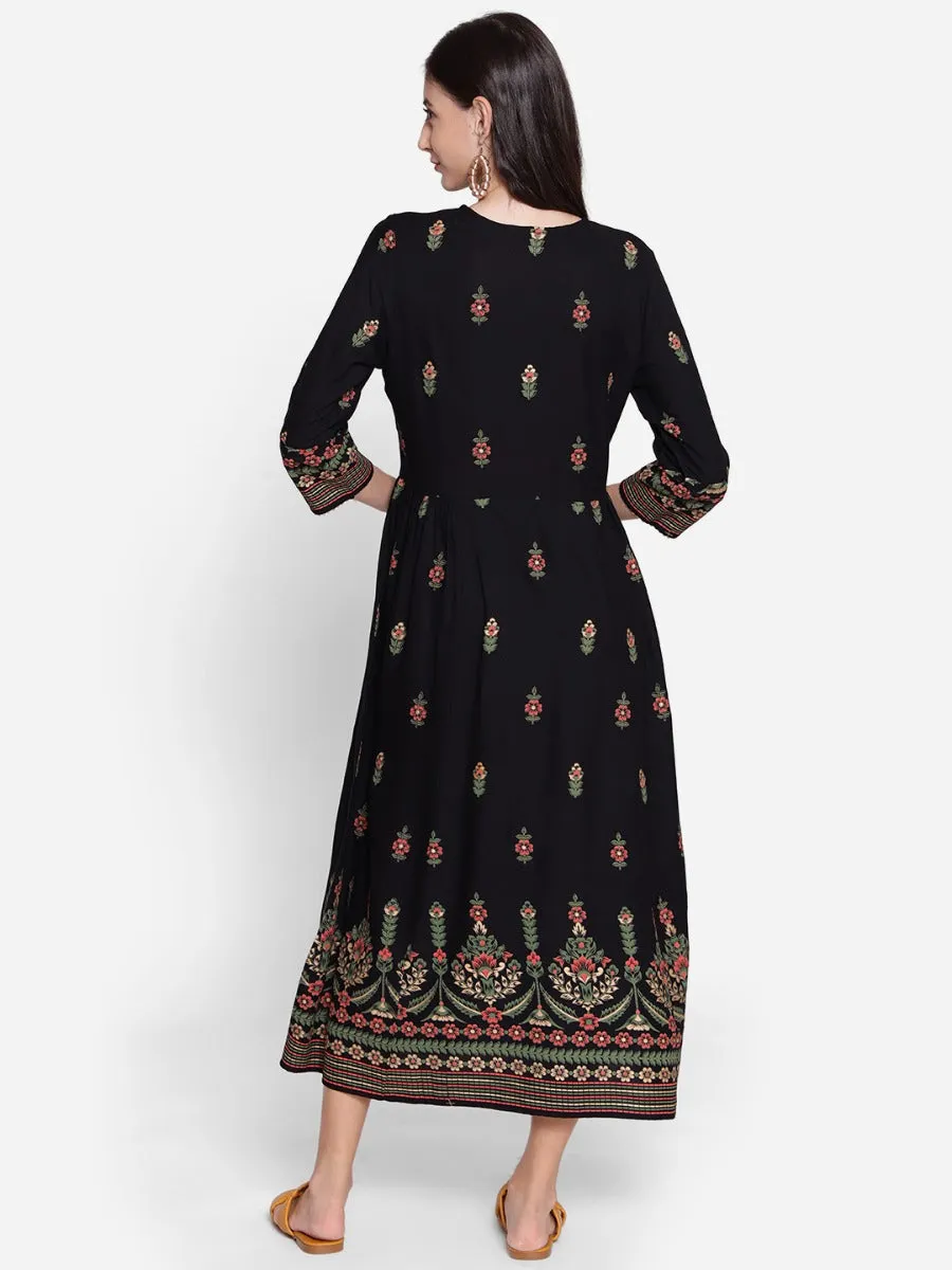 Certainly! Here’s an optimized title for the e-commerce product:

Elegant Womens Black Floral Printed Maxi Dress - Perfect for Casual and Formal Occasions