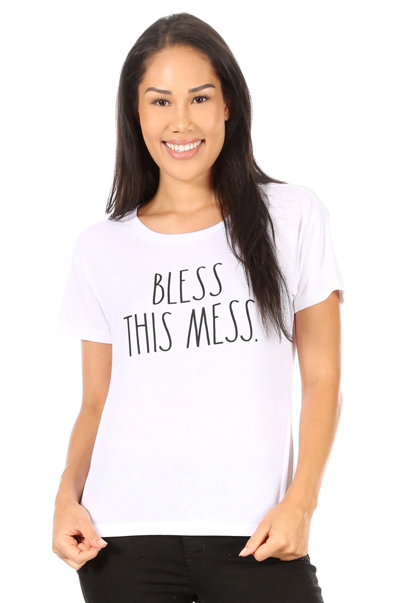 Women's "BLESS THIS MESS" Short Sleeve Shirttail Hem T-Shirt