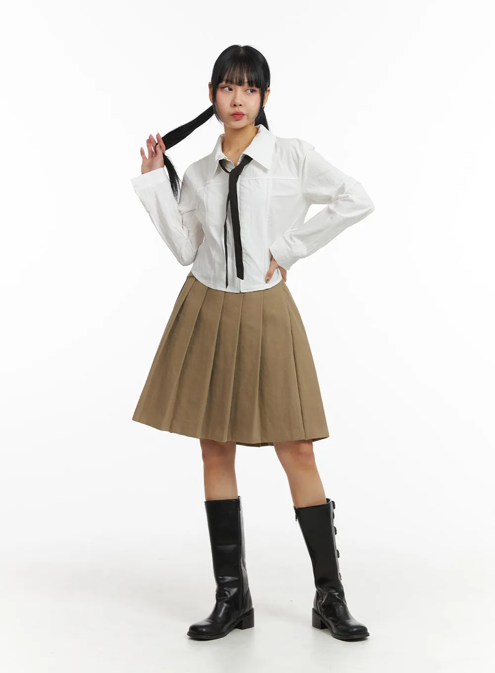 Zip-Up Collar Crop Shirt with Tie CJ410